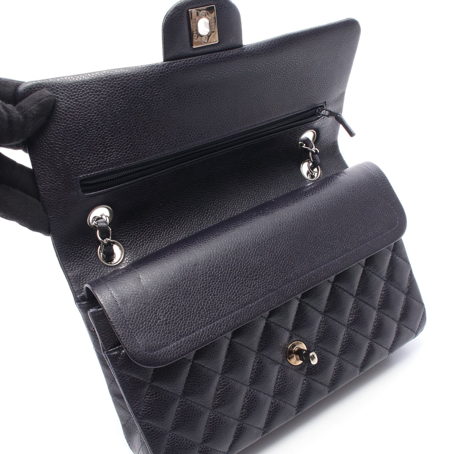 マトラッセ Wフラップ Wチェーンショルダーバッグ キャビアスキン ネイビー シルバー金具 シャネル バッグ CHANEL