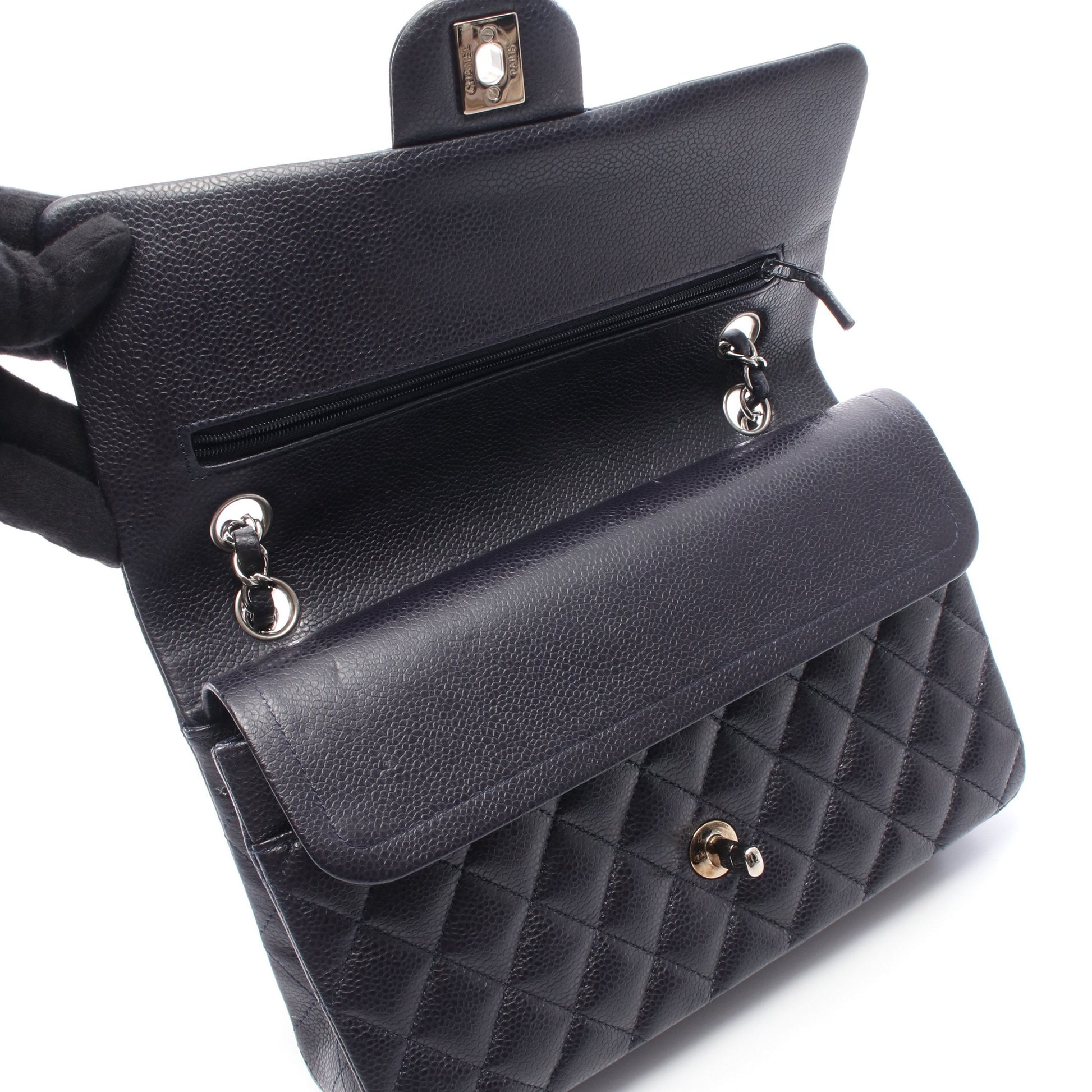 マトラッセ Wフラップ Wチェーンショルダーバッグ キャビアスキン ネイビー シルバー金具 シャネル バッグ CHANEL