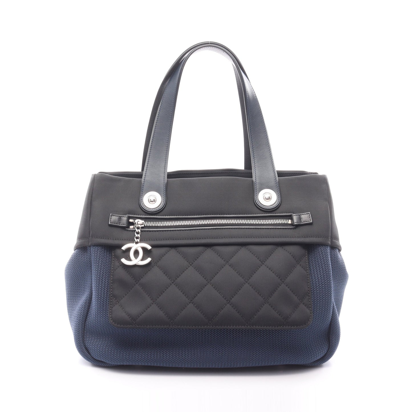 パリビアリッツ ハンドバッグ ナイロン レザー ダークブルー ブラック シルバー金具 シャネル バッグ CHANEL