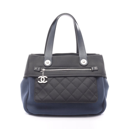 パリビアリッツ ハンドバッグ ナイロン レザー ダークブルー ブラック シルバー金具 シャネル バッグ CHANEL
