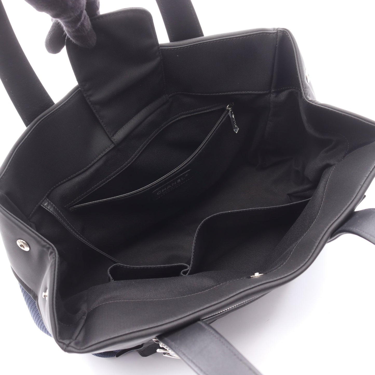 パリビアリッツ ハンドバッグ ナイロン レザー ダークブルー ブラック シルバー金具 シャネル バッグ CHANEL