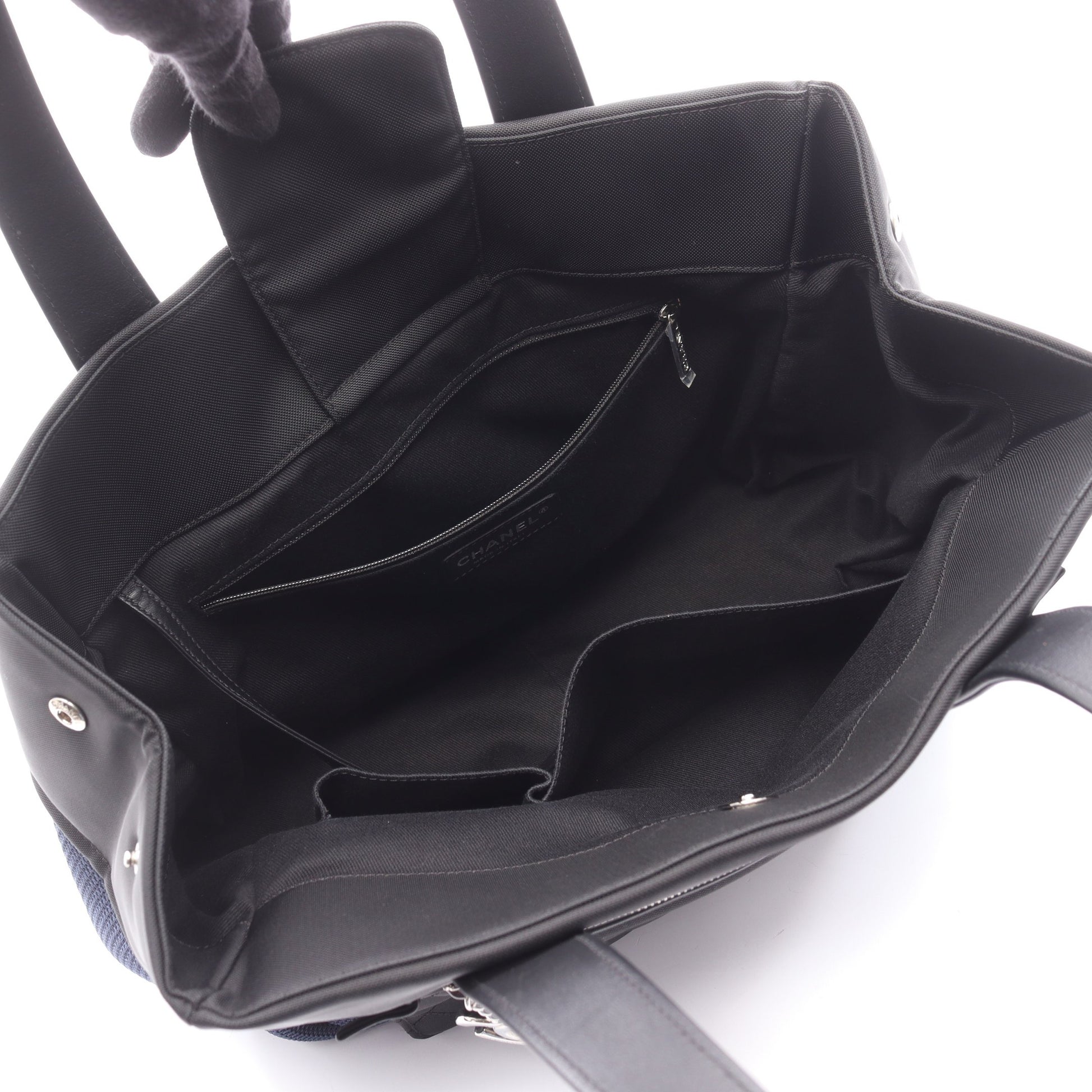 パリビアリッツ ハンドバッグ ナイロン レザー ダークブルー ブラック シルバー金具 シャネル バッグ CHANEL