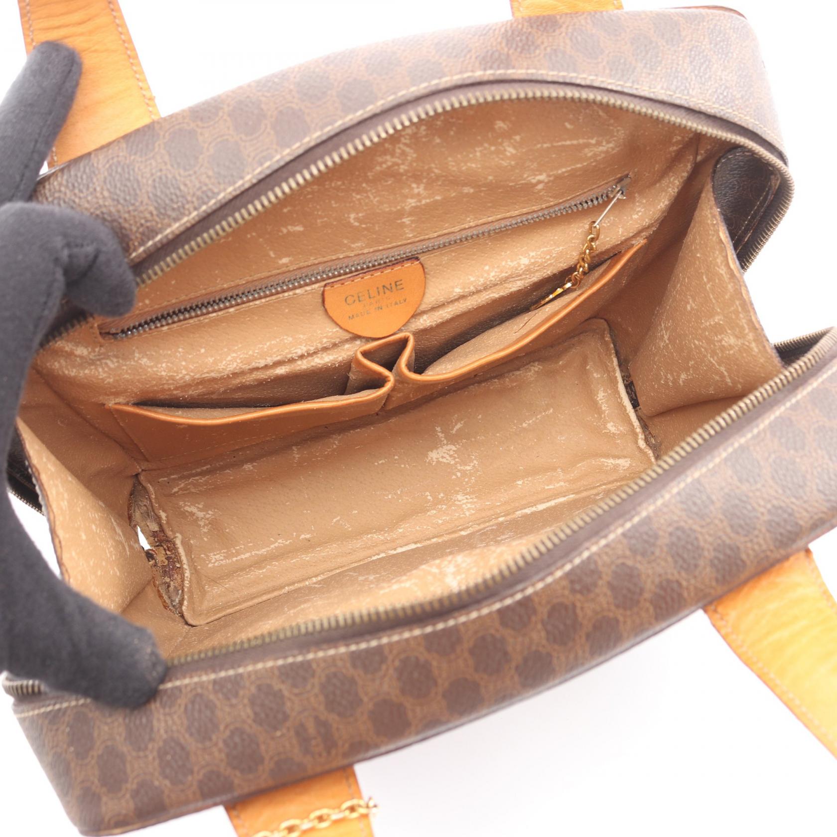 マカダム ラウンドチャーム ハンドバッグ PVC レザー ダークブラウン ベージュ セリーヌ バッグ CELINE