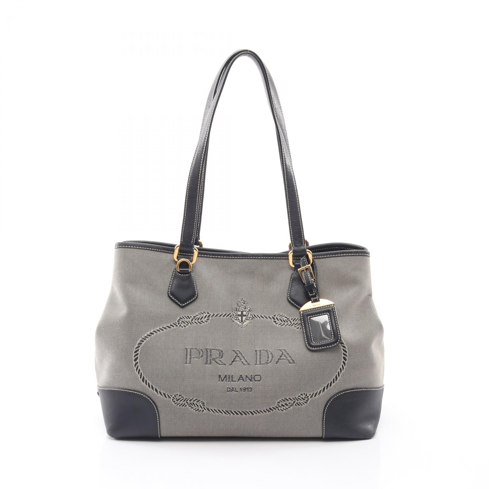ロゴジャガード 三角プレート ショルダーバッグ トートバッグ キャンバス レザー ベージュ ネイビー プラダ バッグ PRADA