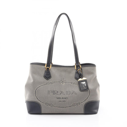 ロゴジャガード 三角プレート ショルダーバッグ トートバッグ キャンバス レザー ベージュ ネイビー プラダ バッグ PRADA