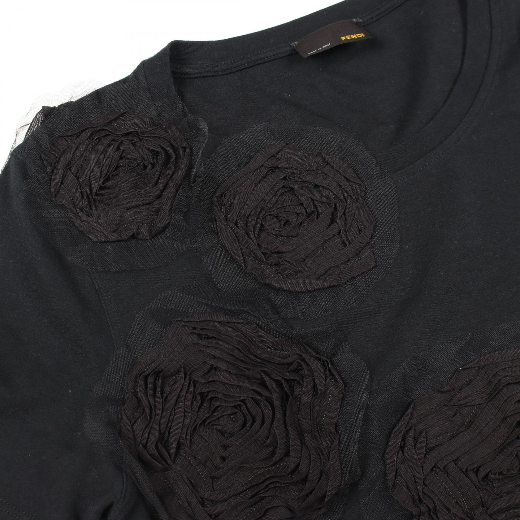 フラワー レース 半袖Tシャツ コットン ブラック フェンディ トップス FENDI