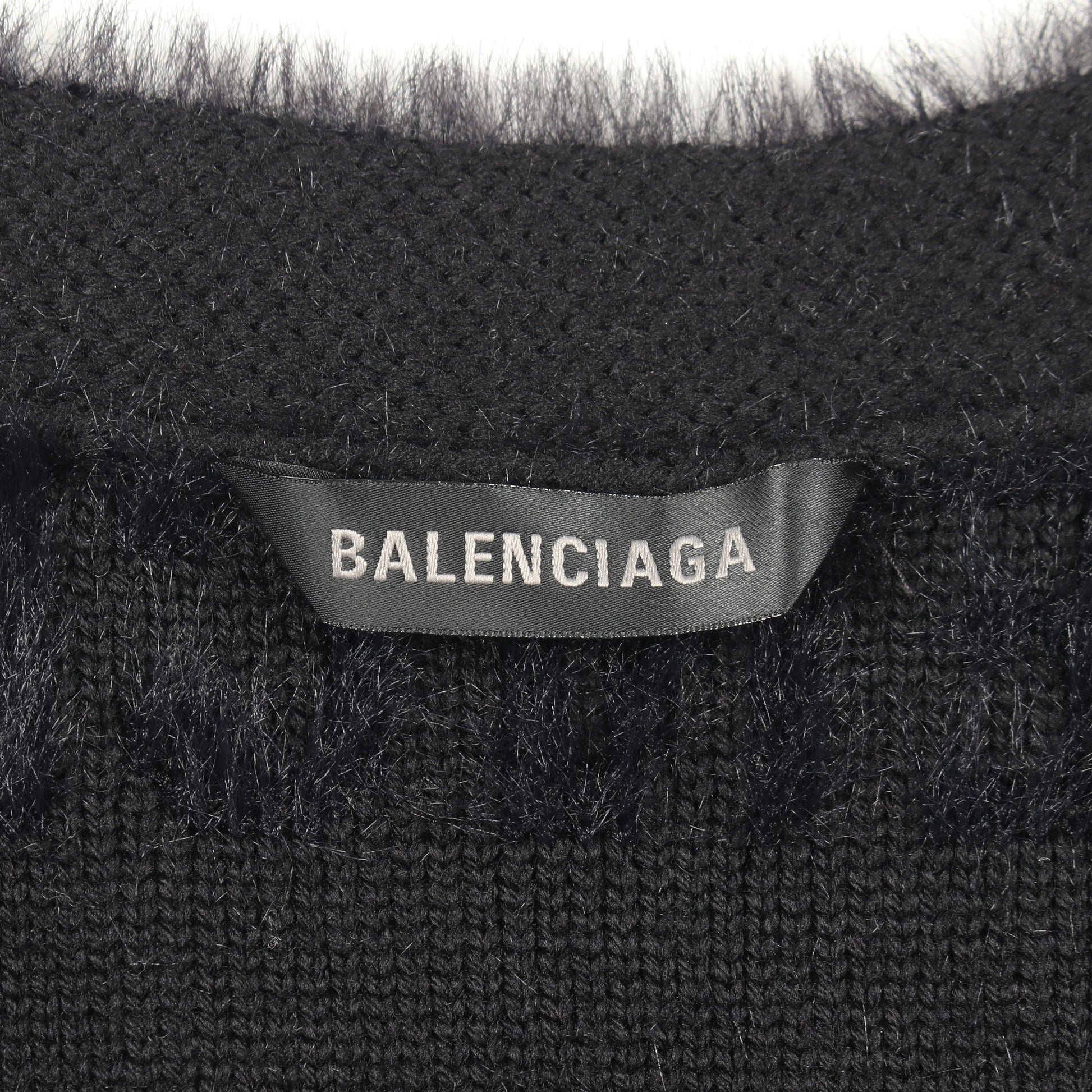 ロゴ総柄 ファー カーディガン ウール ナイロン ブラック ダークネイビー バレンシアガ トップス BALENCIAGA