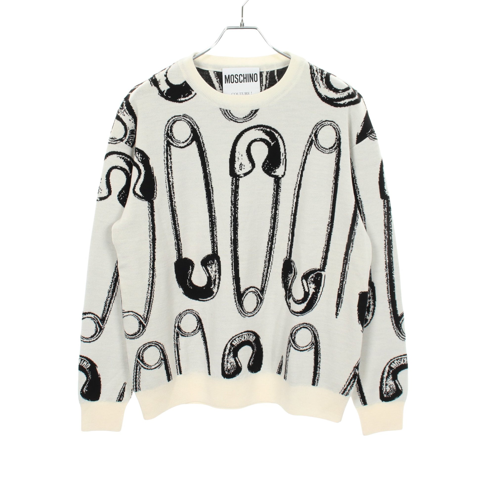 安全ピン柄 ニット ウール オフホワイト ブラック モスキーノ トップス MOSCHINO