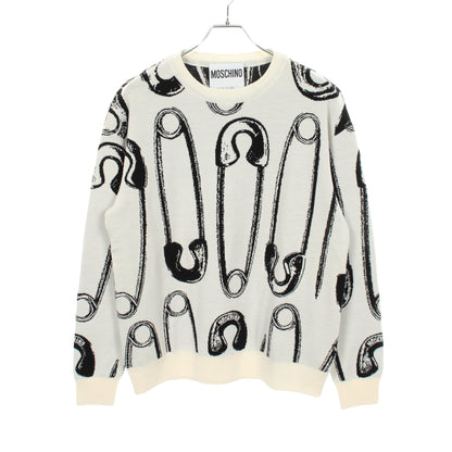 安全ピン柄 ニット ウール オフホワイト ブラック モスキーノ トップス MOSCHINO