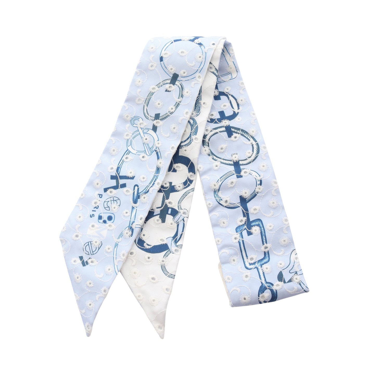 ツイリー DO RE BOUCLES Broderie Anglaise リボン スカーフ シルク ライトブルー ホワイト ネイビー エルメス 財布・小物 HERMES