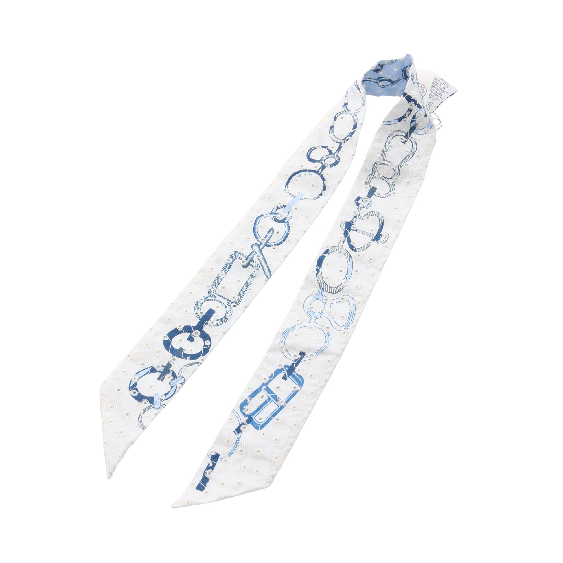 ツイリー DO RE BOUCLES Broderie Anglaise リボン スカーフ シルク ライトブルー ホワイト ネイビー エルメス 財布・小物 HERMES