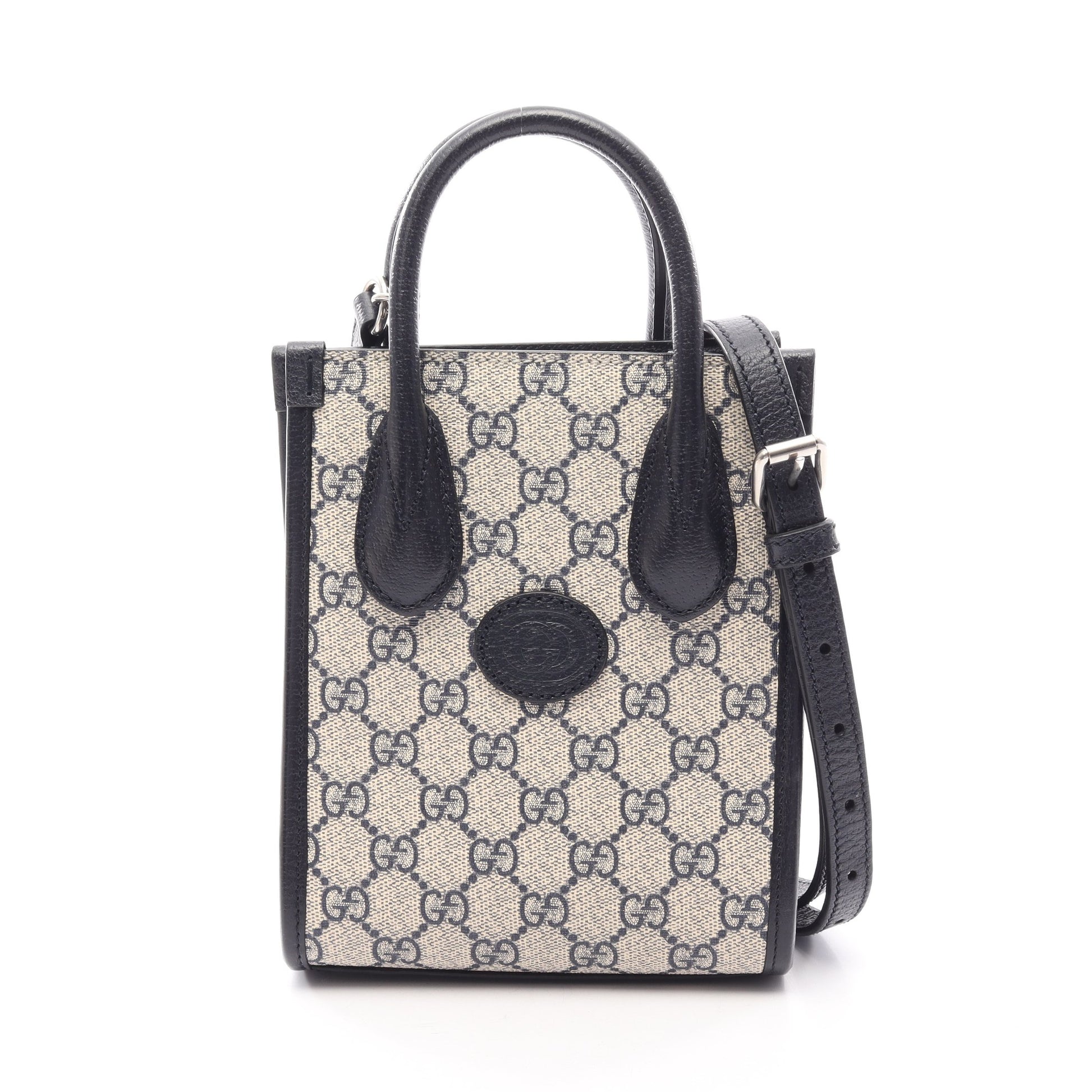 インターロッキングG ミニトートバッグ 2WAY ハンドバッグ PVC レザー ベージュ ネイビー グッチ バッグ GUCCI
