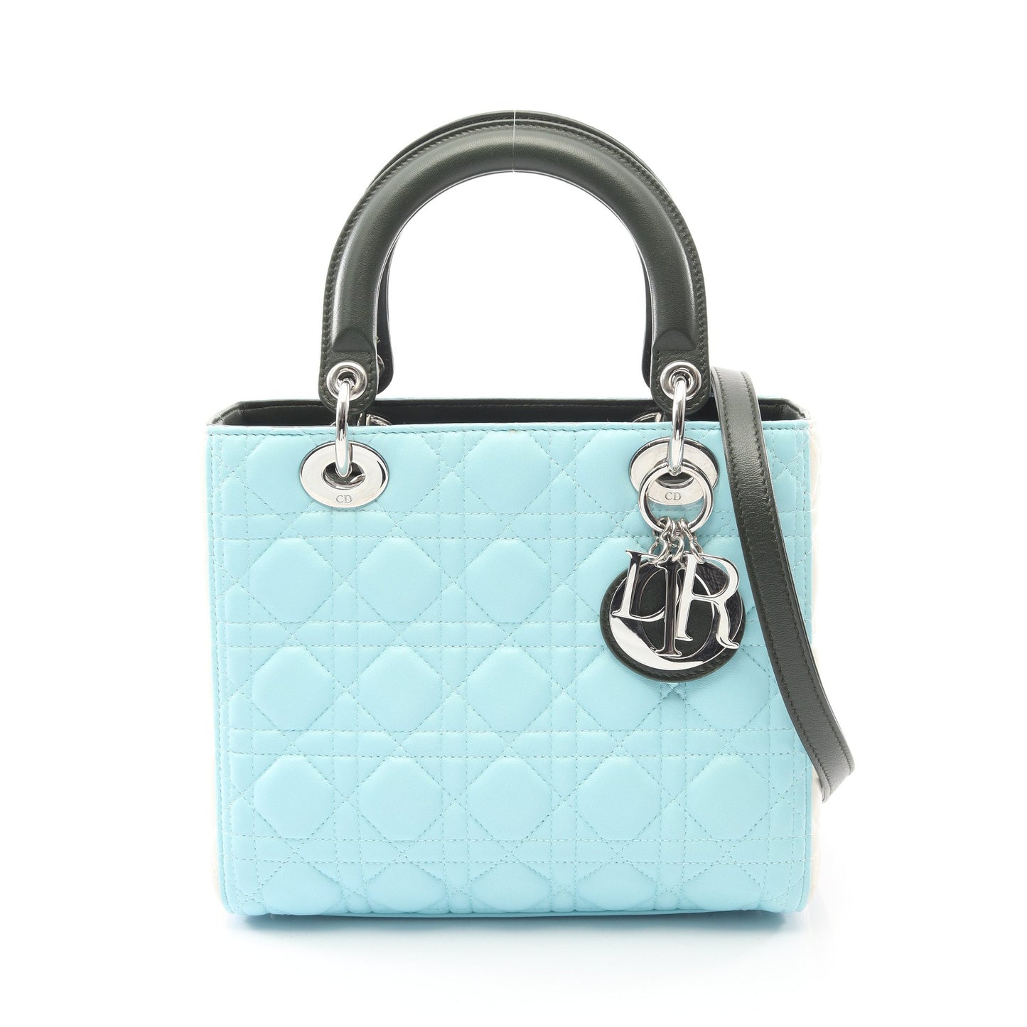 LADY DIOR レディディオール カナージュ 2WAY ハンドバッグ レザー ライトブルー ダークグリーン ホワイト クリスチャンディオール バッグ Christian Dior