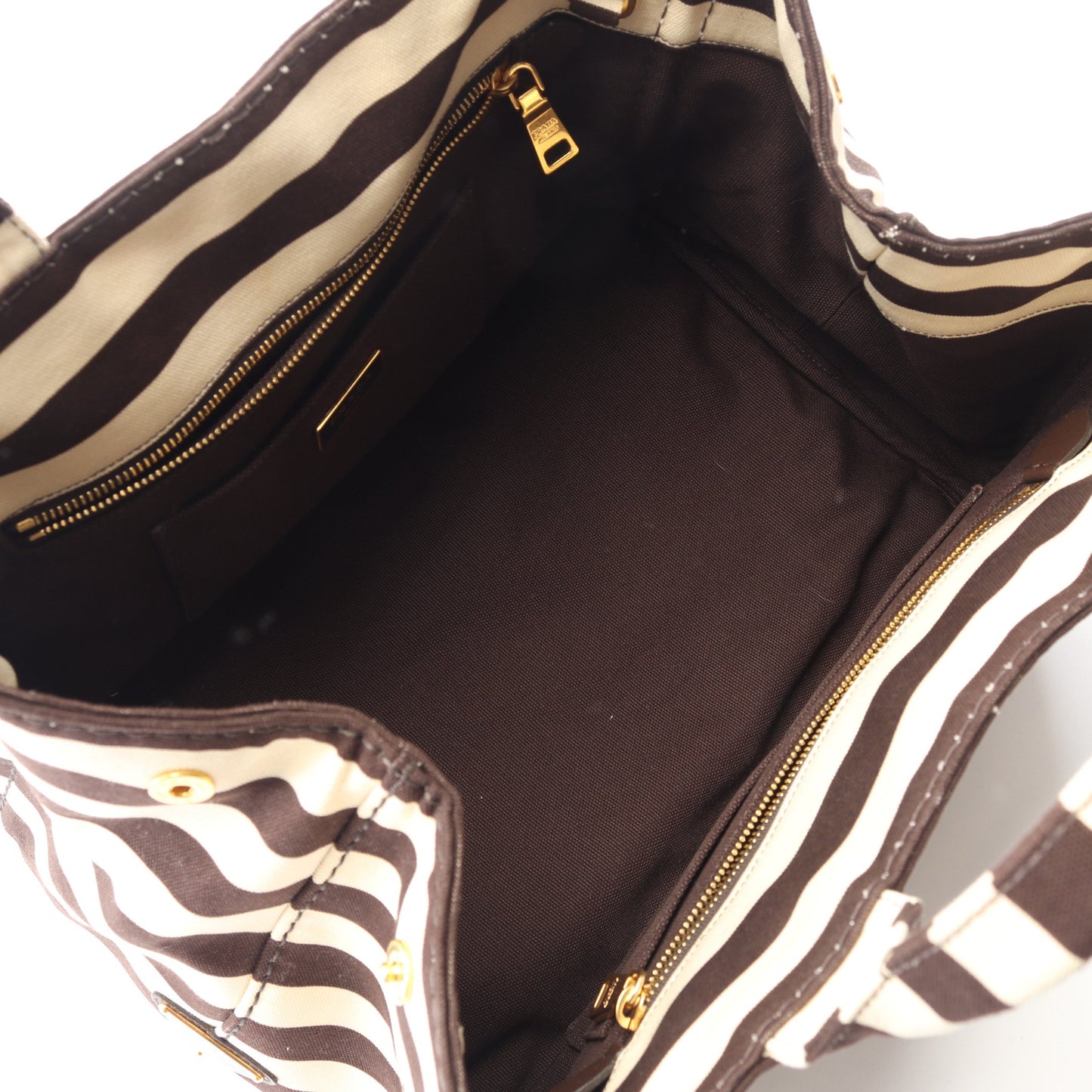CANAPA STAMPATA カナパ 2WAY ハンドバッグ トートバッグ ボーダー キャンバス アイボリー ダークブラウン プラダ バッグ PRADA