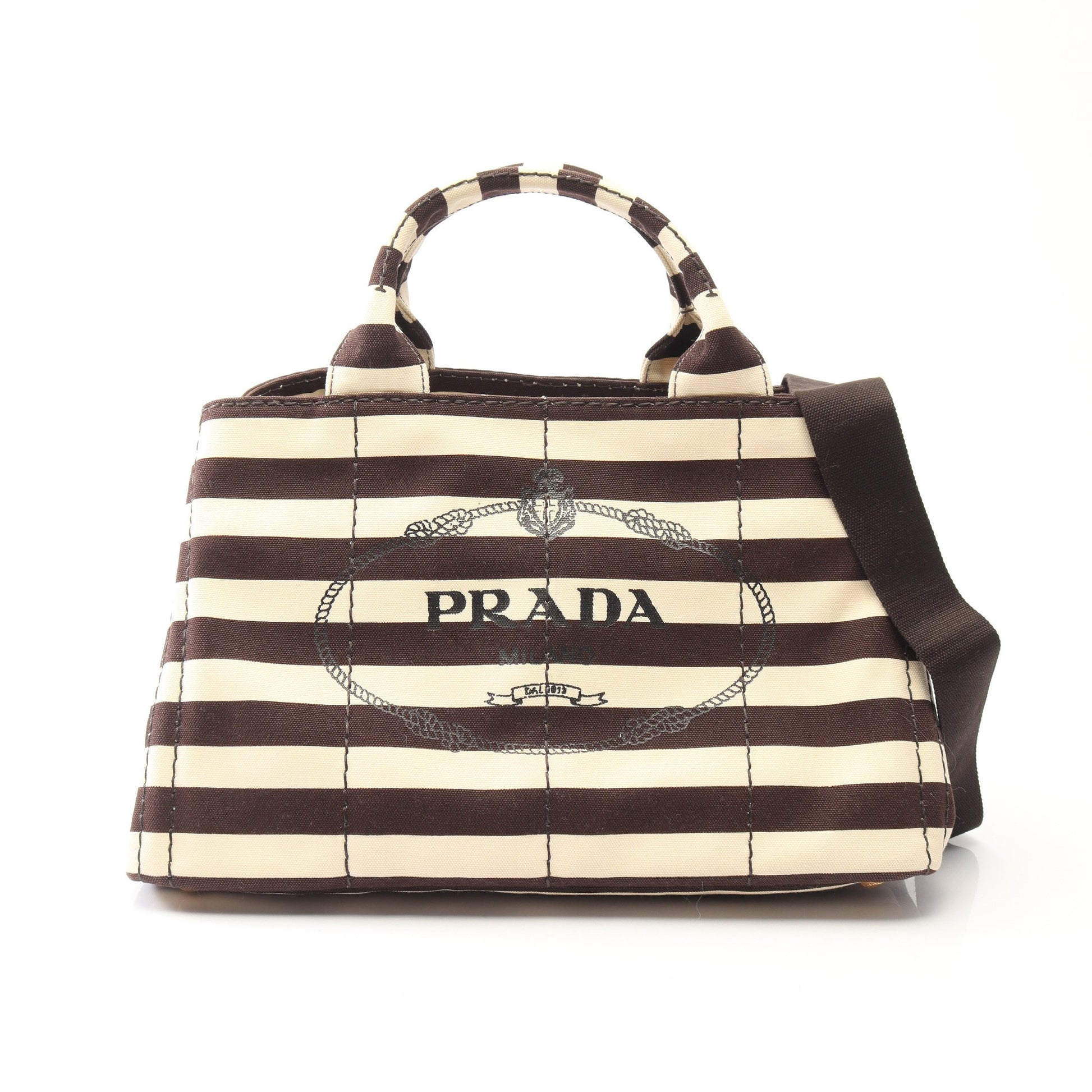 CANAPA STAMPATA カナパ 2WAY ハンドバッグ トートバッグ ボーダー キャンバス アイボリー ダークブラウン プラダ バッグ PRADA