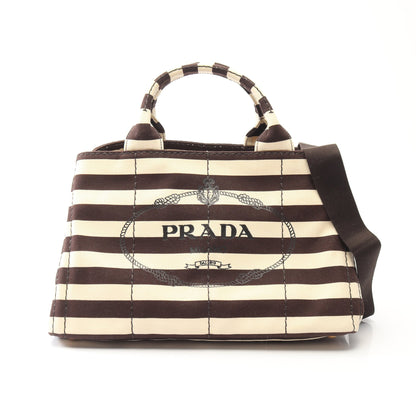 CANAPA STAMPATA カナパ 2WAY ハンドバッグ トートバッグ ボーダー キャンバス アイボリー ダークブラウン プラダ バッグ PRADA