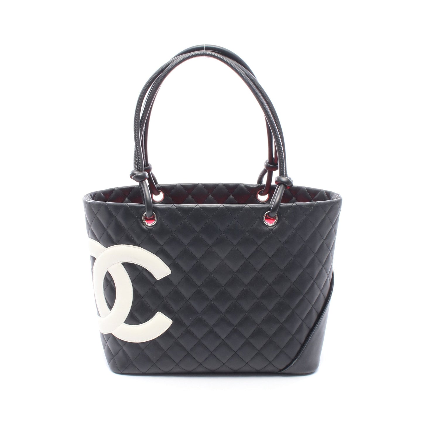 カンボンライン ラージ ショルダーバッグ トートバッグ レザー ブラック ホワイト シルバー金具 シャネル バッグ CHANEL