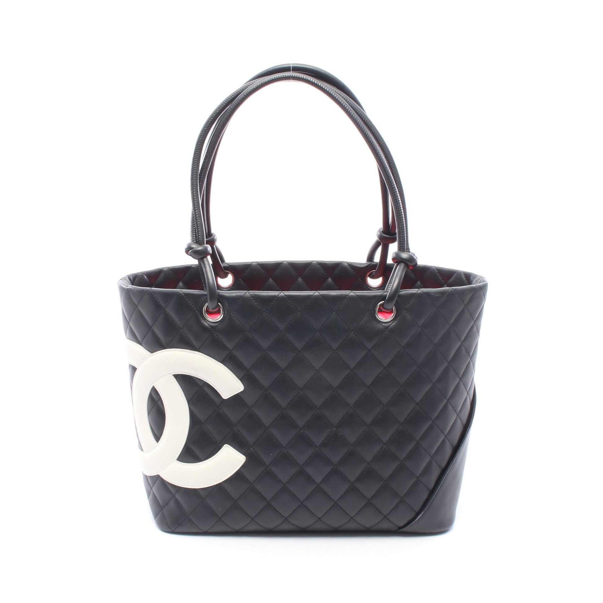 カンボンライン ラージ ショルダーバッグ トートバッグ レザー ブラック ホワイト シルバー金具 シャネル バッグ CHANEL