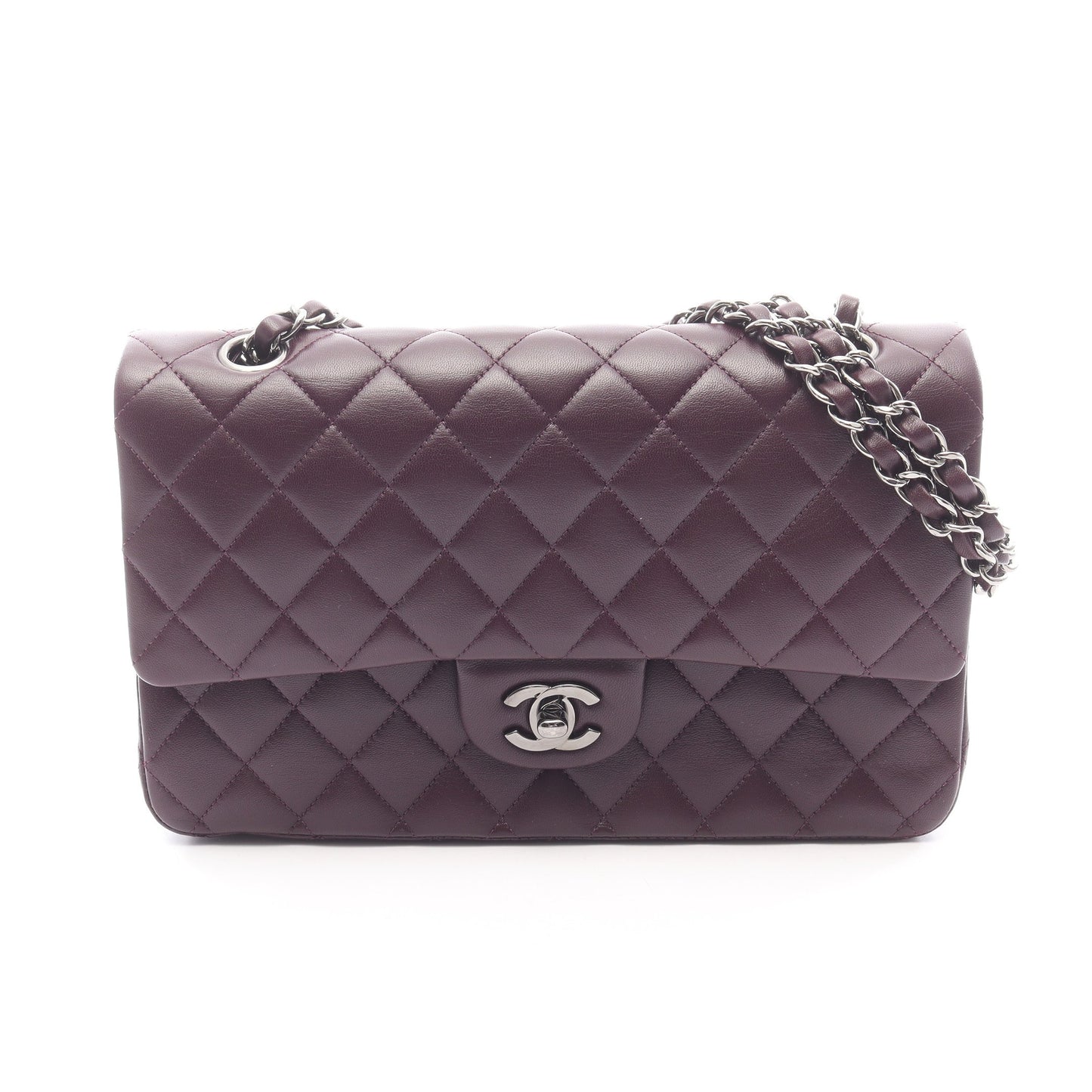 マトラッセ Wフラップ Wチェーンショルダーバッグ ラムスキン ダークパープル シルバー金具 シャネル バッグ CHANEL