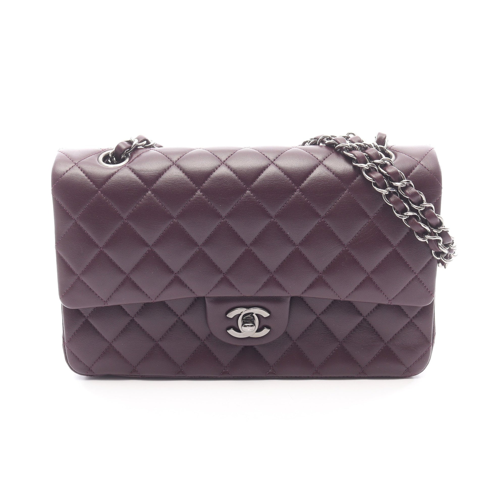 マトラッセ Wフラップ Wチェーンショルダーバッグ ラムスキン ダークパープル シルバー金具 シャネル バッグ CHANEL