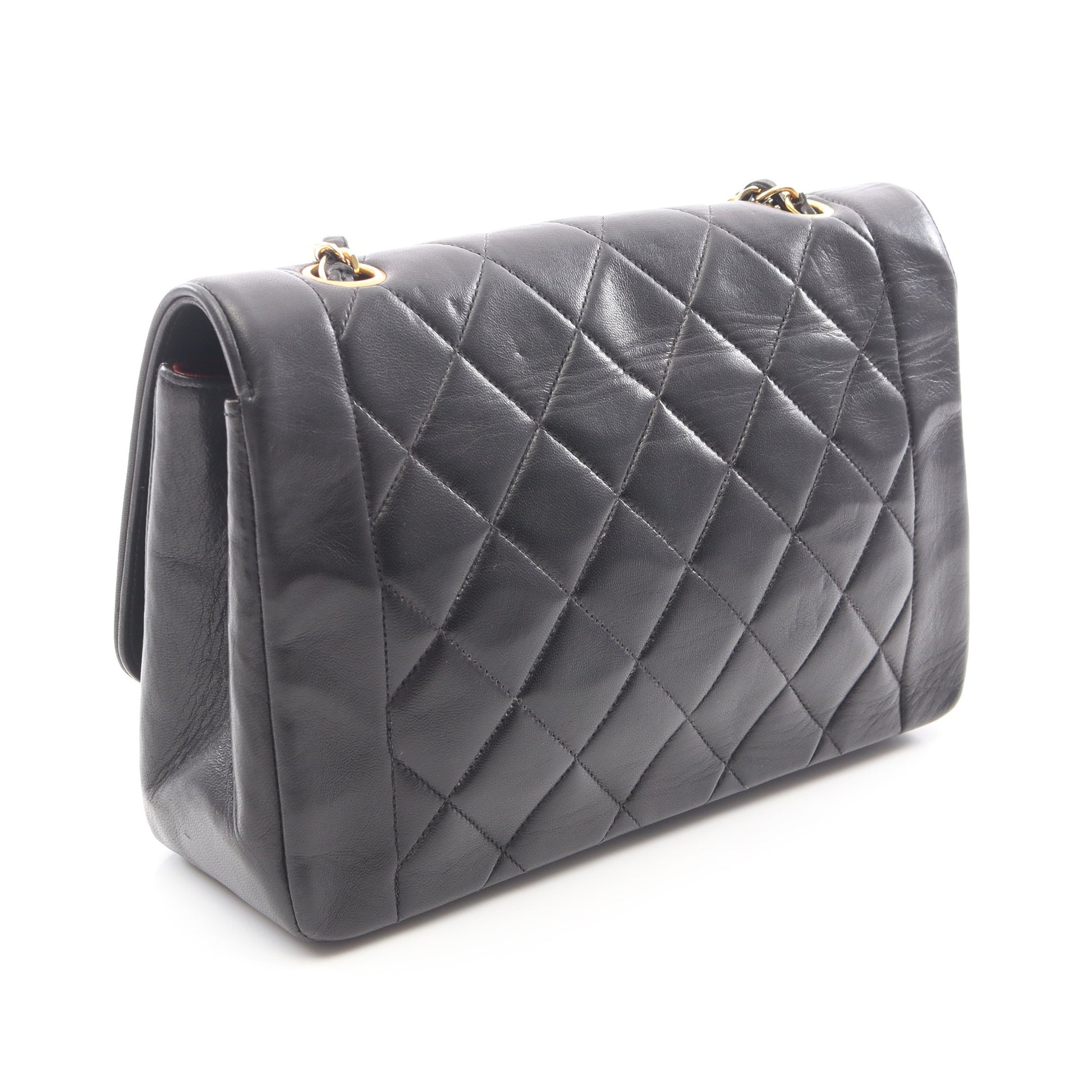 マトラッセ ダイアナフラップ チェーンショルダーバッグ レザー ブラック ゴールド金具 シャネル バッグ CHANEL