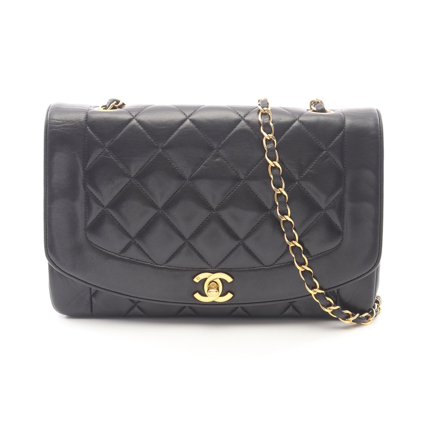 マトラッセ ダイアナフラップ チェーンショルダーバッグ レザー ブラック ゴールド金具 シャネル バッグ CHANEL