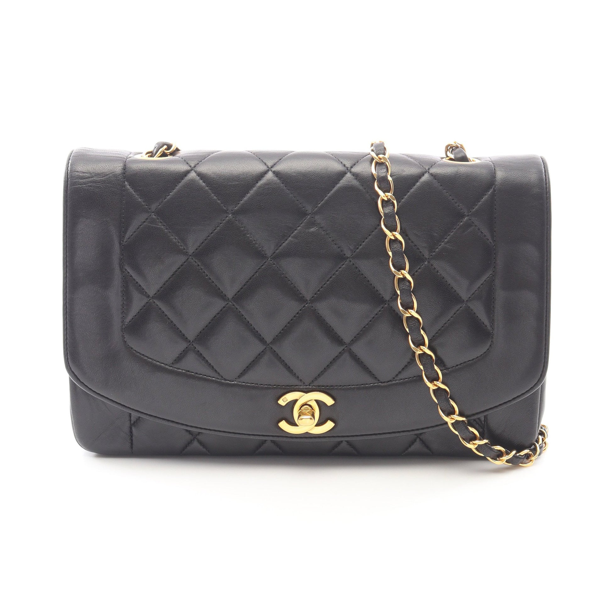 マトラッセ ダイアナフラップ チェーンショルダーバッグ レザー ブラック ゴールド金具 シャネル バッグ CHANEL