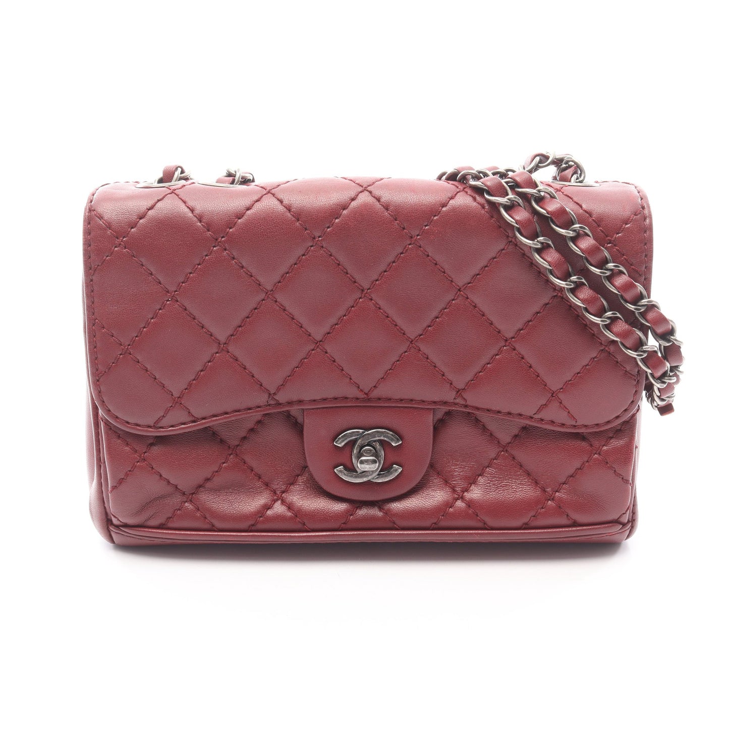 マトラッセ Wチェーンショルダーバッグ ラムスキン ボルドー シルバー金具 シャネル バッグ CHANEL