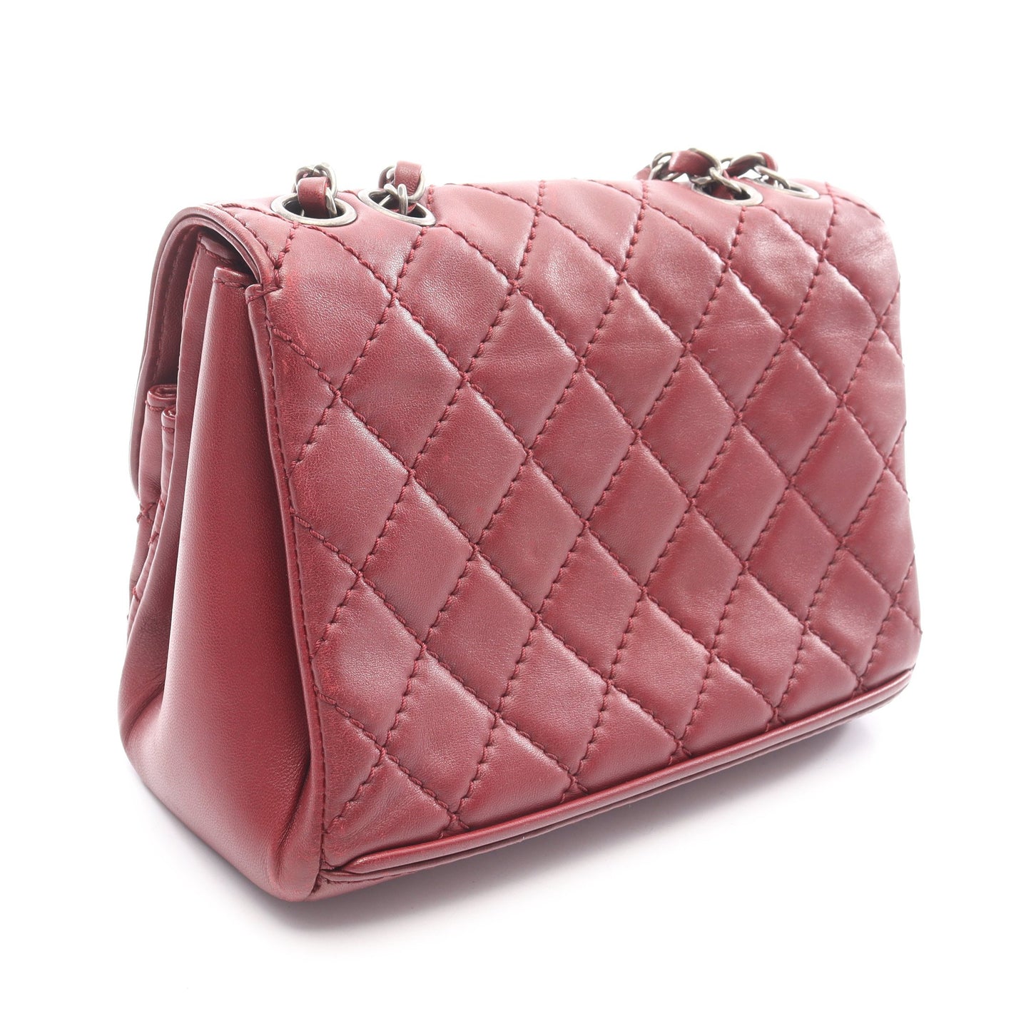 マトラッセ Wチェーンショルダーバッグ ラムスキン ボルドー シルバー金具 シャネル バッグ CHANEL