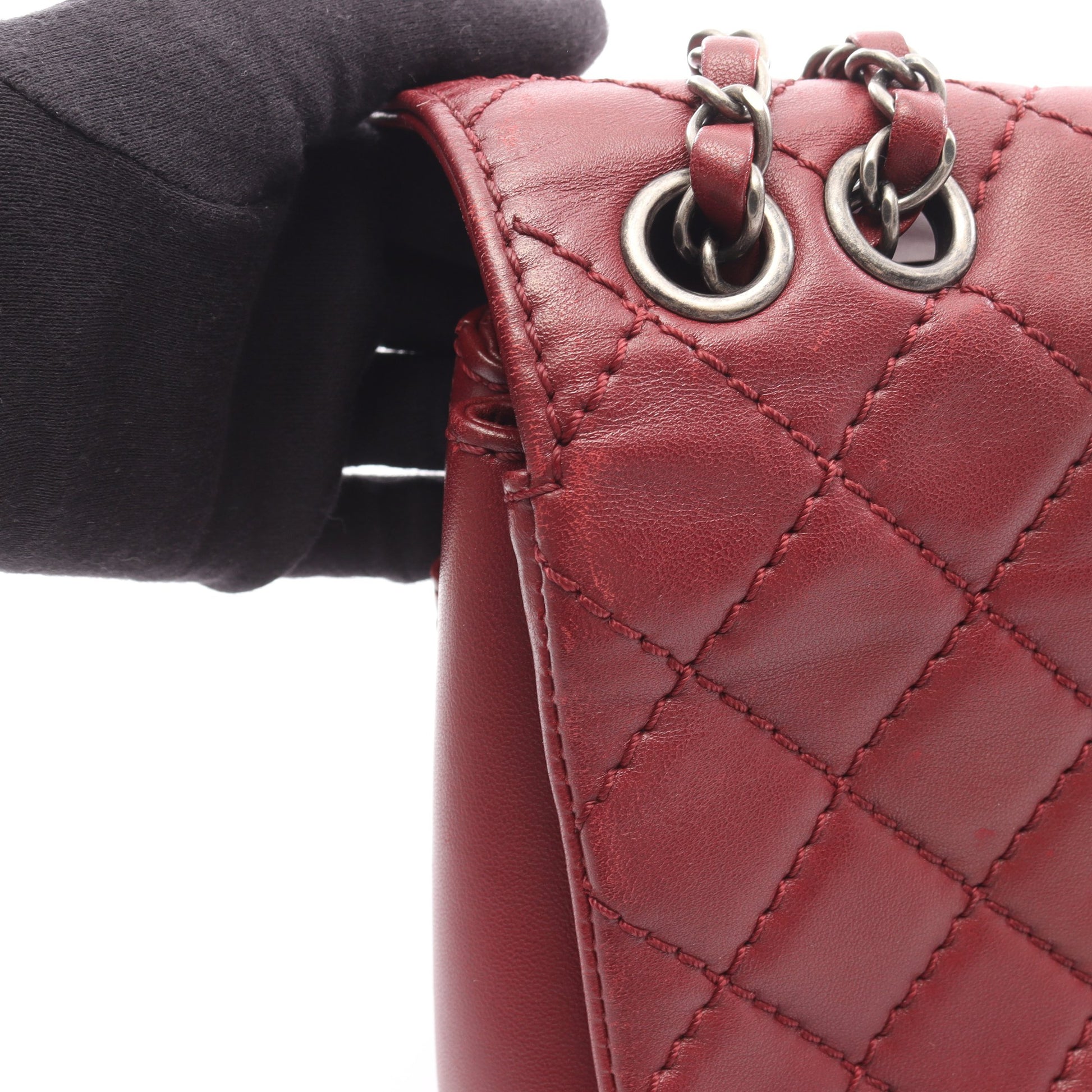 マトラッセ Wチェーンショルダーバッグ ラムスキン ボルドー シルバー金具 シャネル バッグ CHANEL