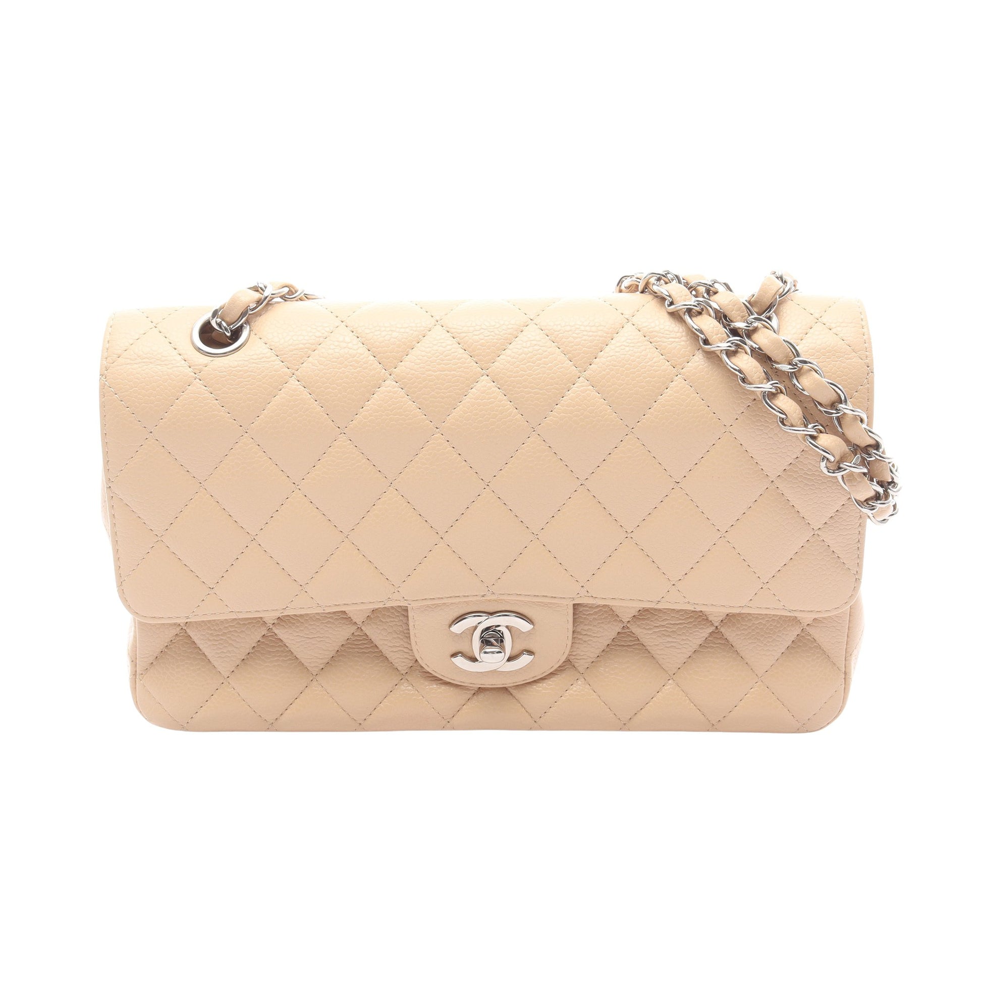 マトラッセ Wフラップ Wチェーンショルダーバッグ キャビアスキン ベージュ シルバー金具 シャネル バッグ CHANEL