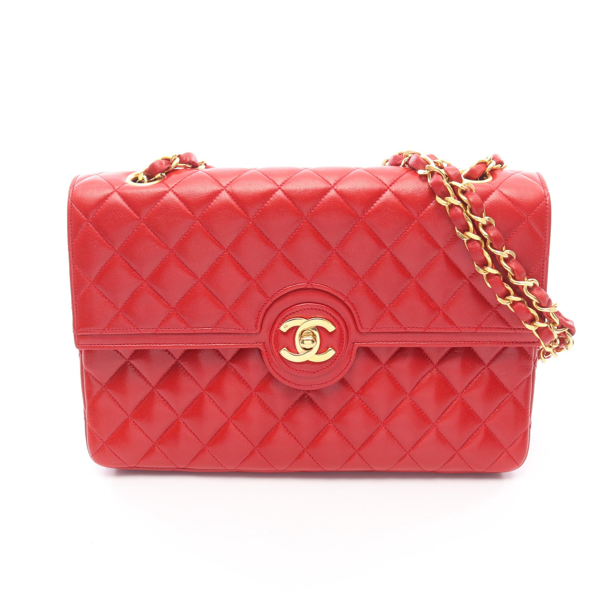 マトラッセ シングルフラップ チェーンショルダーバッグ ラムスキン レッド ゴールド金具 シャネル バッグ CHANEL