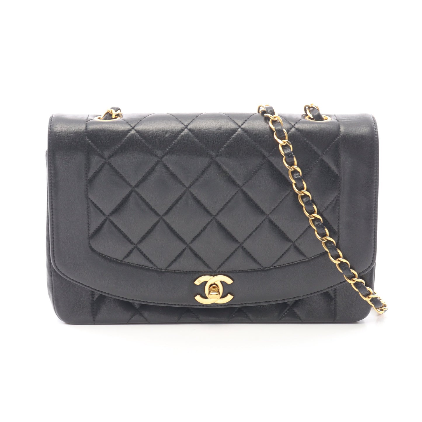 マトラッセ ダイアナフラップ チェーンショルダーバッグ ラムスキン ブラック ゴールド金具 シャネル バッグ CHANEL
