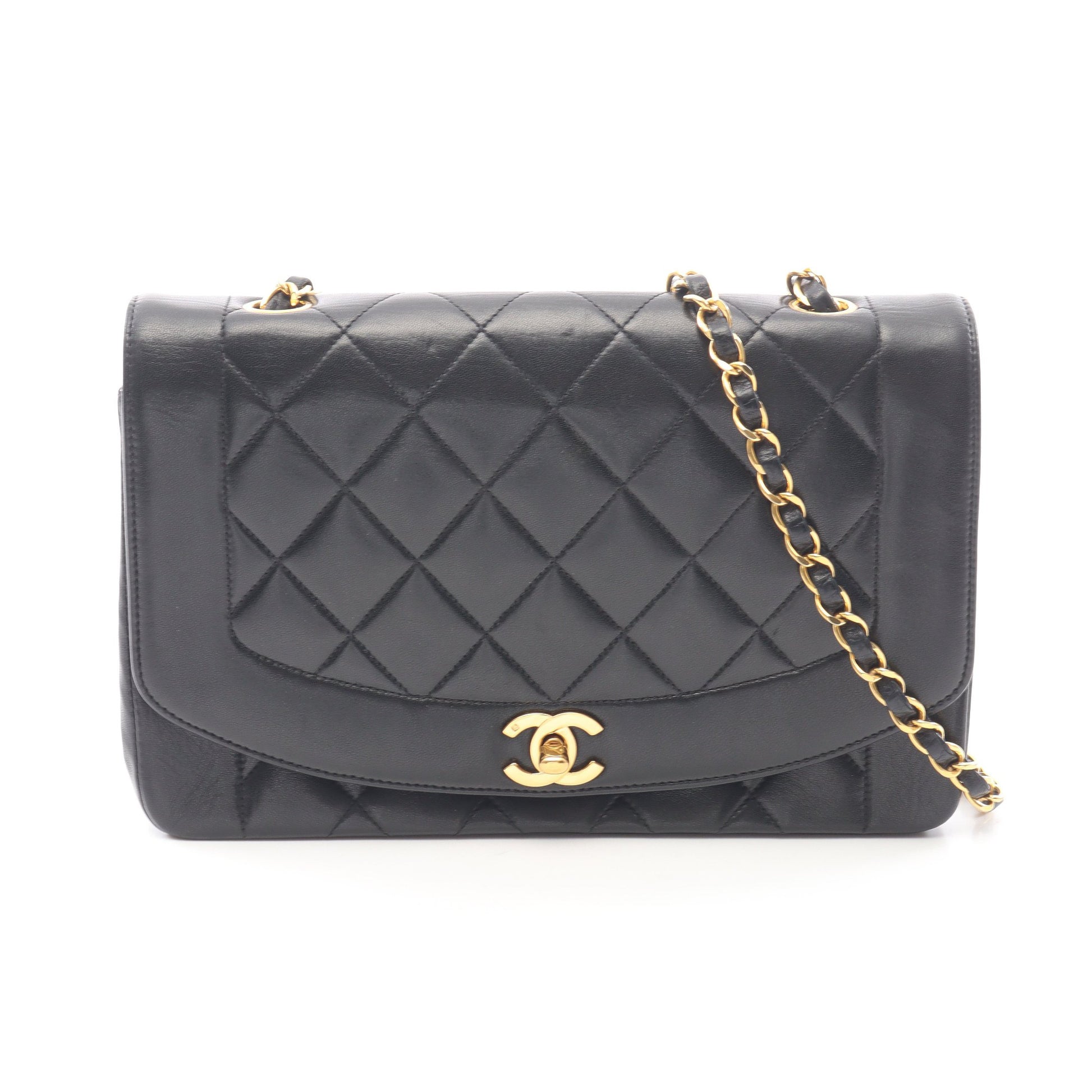 マトラッセ ダイアナフラップ チェーンショルダーバッグ ラムスキン ブラック ゴールド金具 シャネル バッグ CHANEL