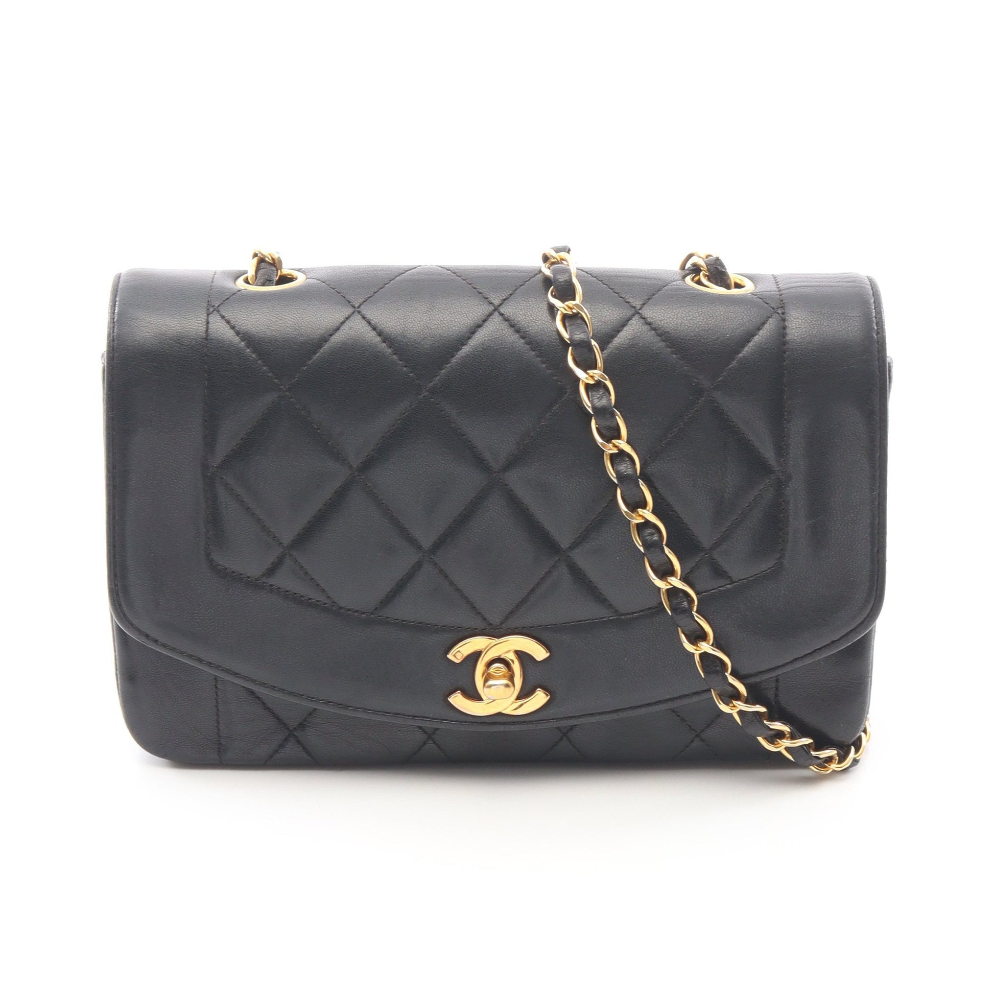 マトラッセ ダイアナフラップ チェーンショルダーバッグ ラムスキン ブラック ゴールド金具 シャネル バッグ CHANEL