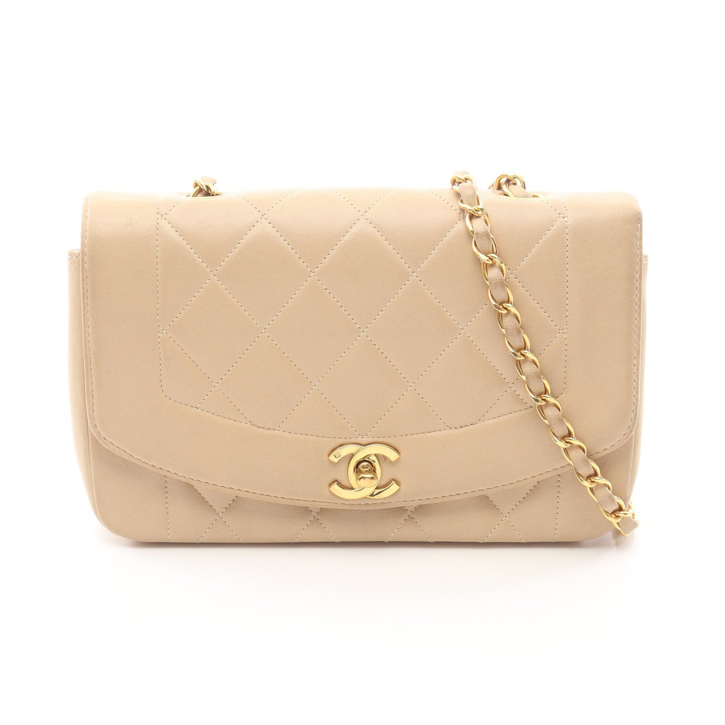 マトラッセ ダイアナフラップ チェーンショルダーバッグ ラムスキン ベージュ ゴールド金具 シャネル バッグ CHANEL