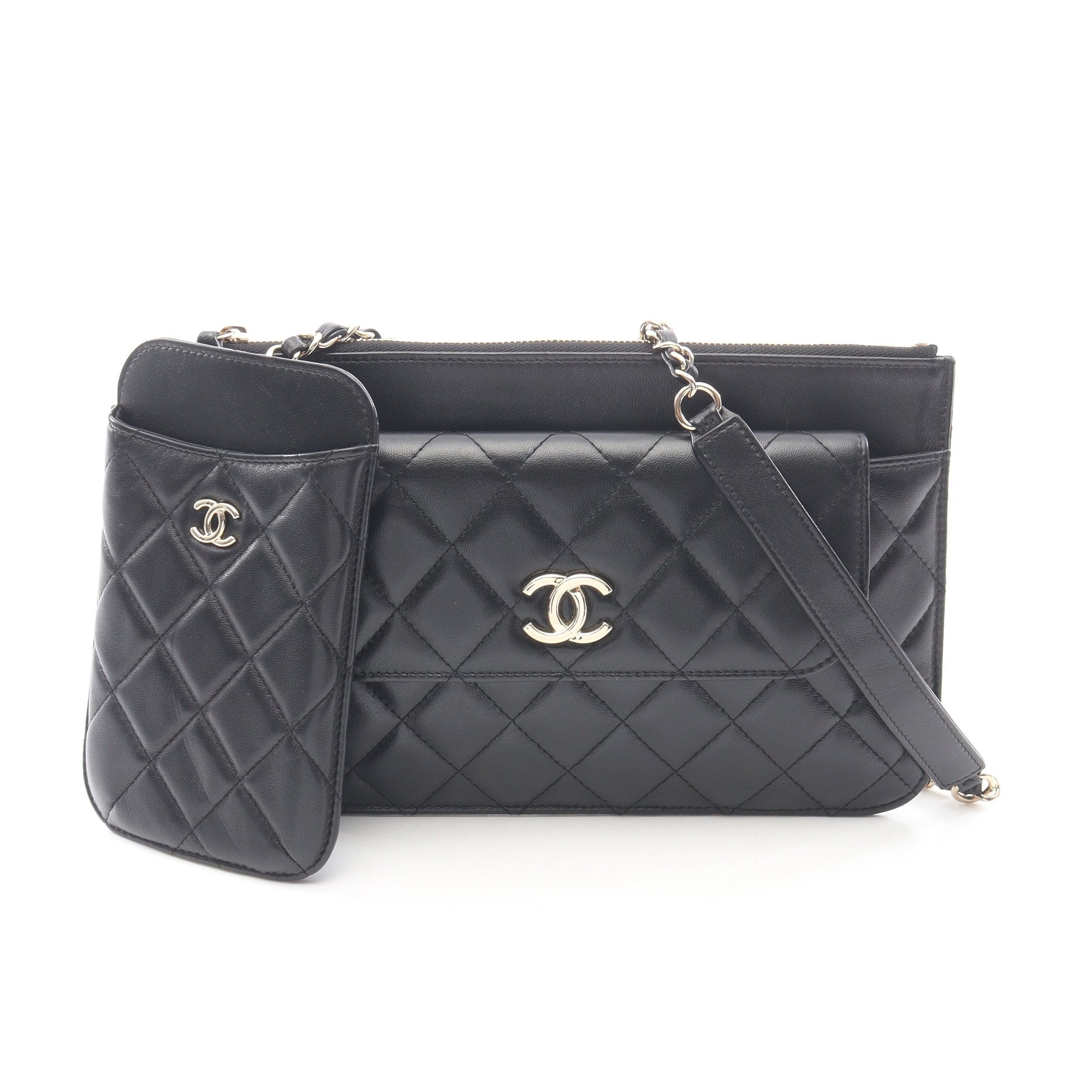 シャネル  CHANEL  シャイニーラムスキン  マトラッセ  チェーンショルダー  フォンケース  ブラック/PW23044 CHANEL - シャネル CHANEL シャイニーラムスキン マトラッセ チェーン