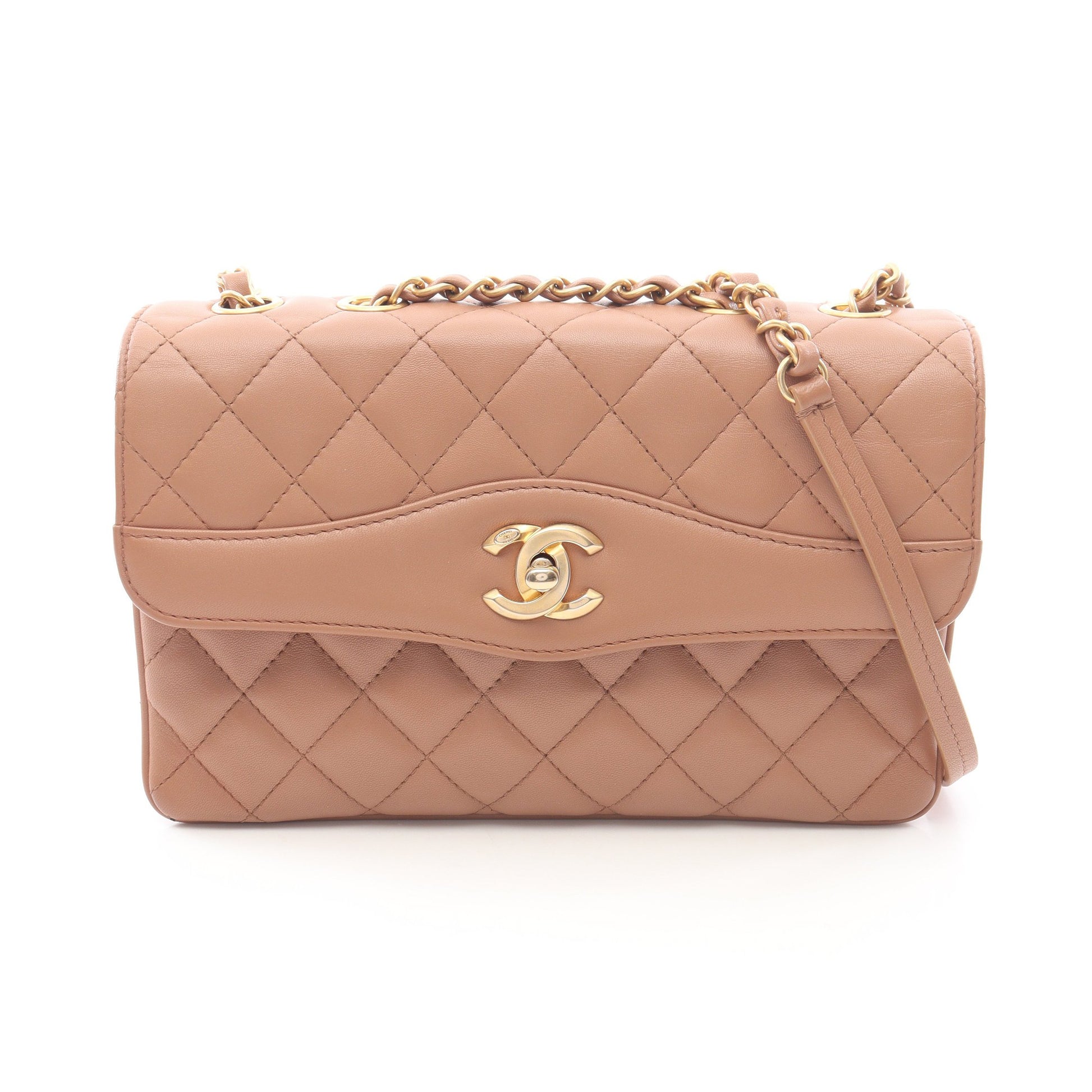 マトラッセ チェーンショルダーバッグ ラムスキン ピンクベージュ ゴールド金具 シャネル バッグ CHANEL