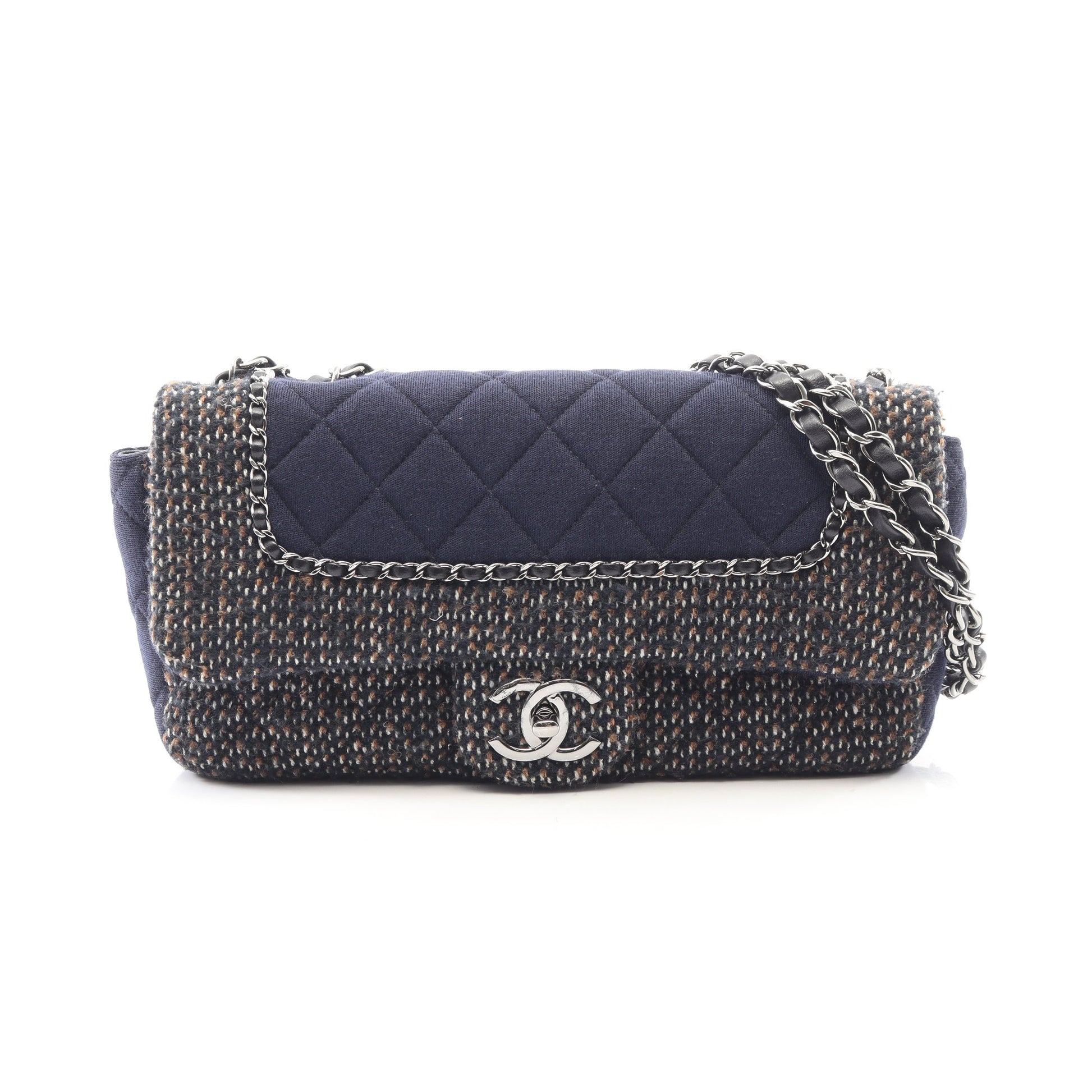 マトラッセ Wチェーンショルダーバッグ ツイード コットン ネイビー ブラック シルバー金具 シャネル バッグ CHANEL