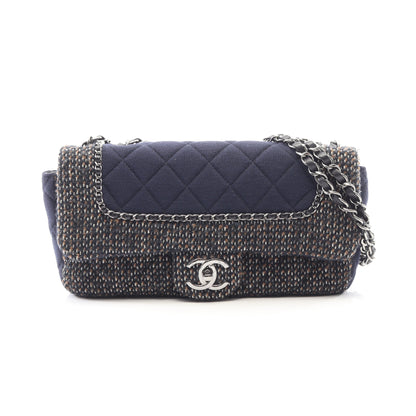 マトラッセ Wチェーンショルダーバッグ ツイード コットン ネイビー ブラック シルバー金具 シャネル バッグ CHANEL