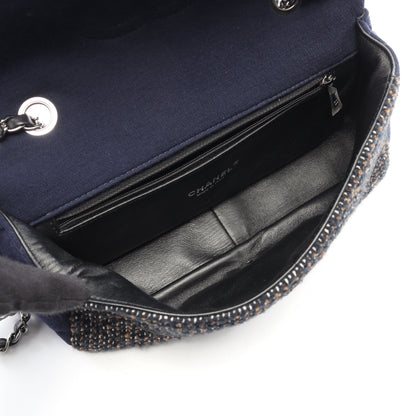 マトラッセ Wチェーンショルダーバッグ ツイード コットン ネイビー ブラック シルバー金具 シャネル バッグ CHANEL