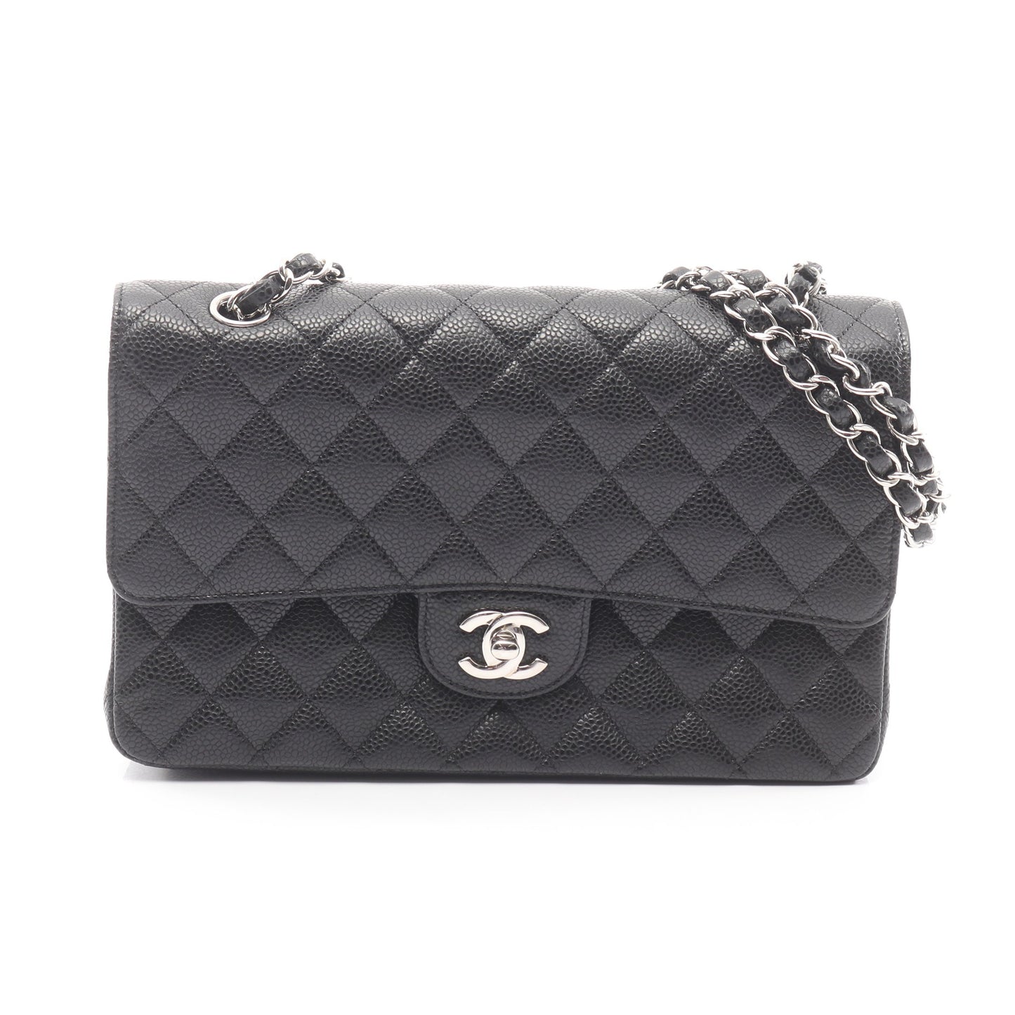 マトラッセ Wフラップ Wチェーンショルダーバッグ キャビアスキン ブラック シルバー金具 シャネル バッグ CHANEL