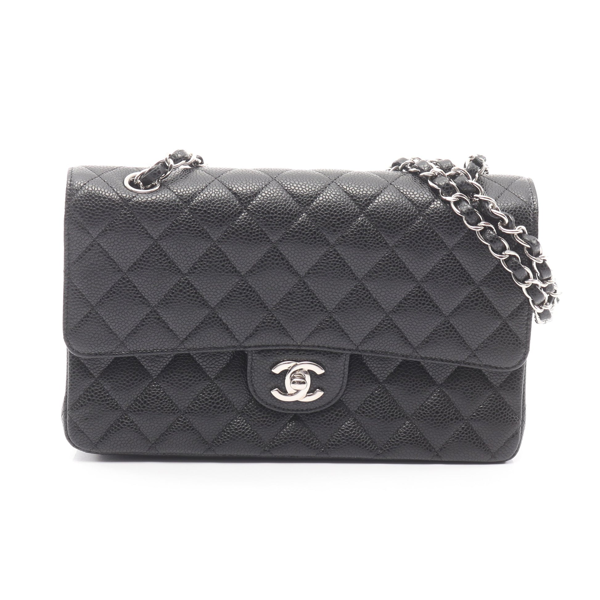 マトラッセ Wフラップ Wチェーンショルダーバッグ キャビアスキン ブラック シルバー金具 シャネル バッグ CHANEL
