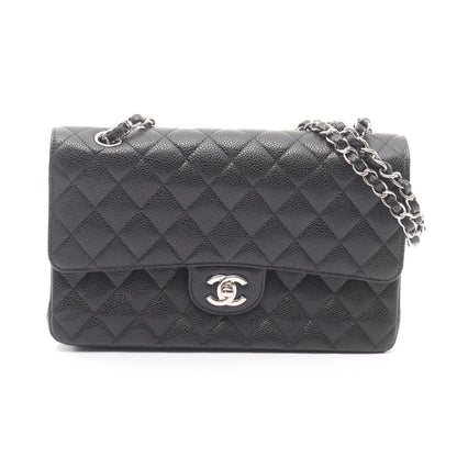 マトラッセ Wフラップ Wチェーンショルダーバッグ キャビアスキン ブラック シルバー金具 シャネル バッグ CHANEL