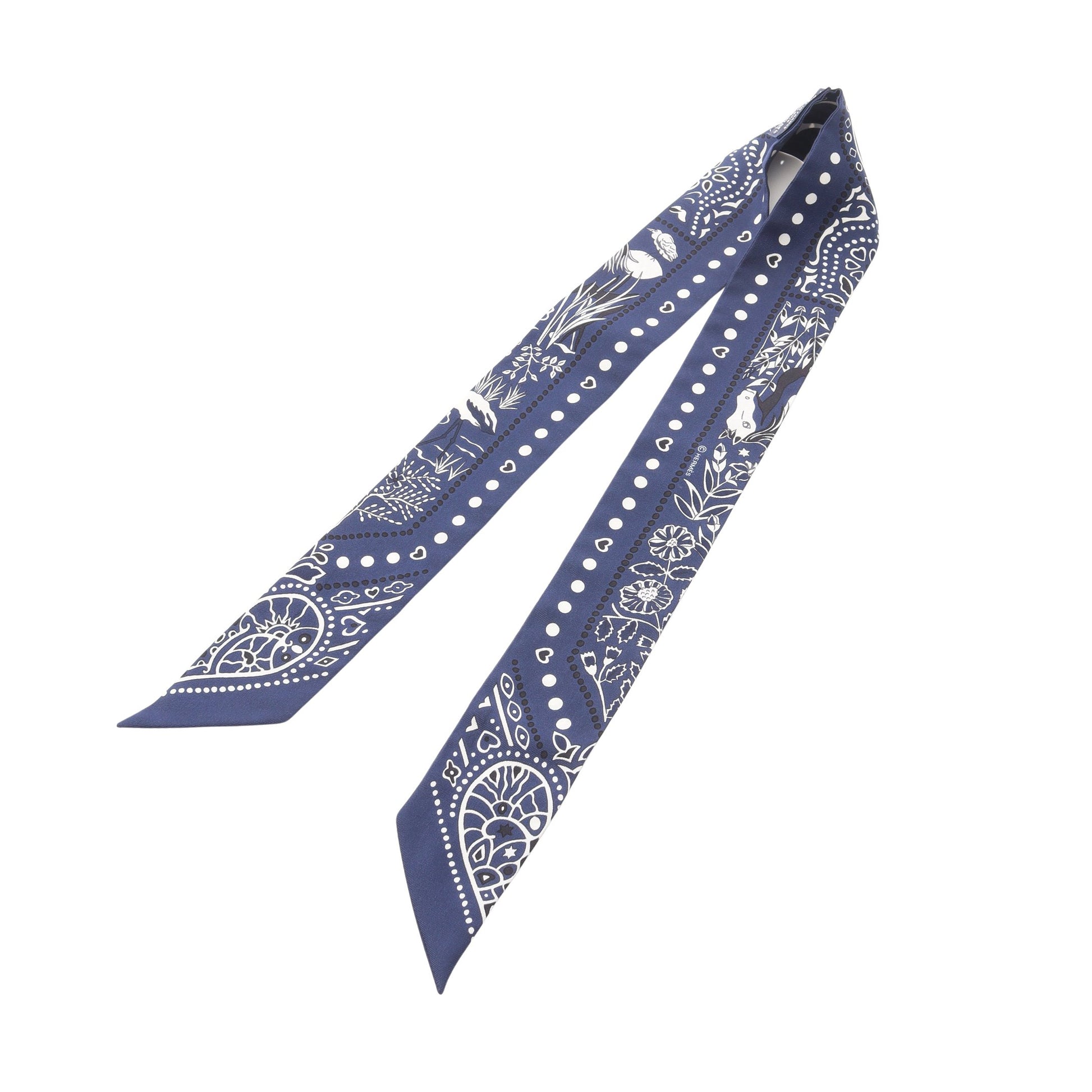 ツイリー Entre Ciel et mer Bandana リボン スカーフ シルク ネイビー ホワイト ブラック エルメス 財布・小物 HERMES
