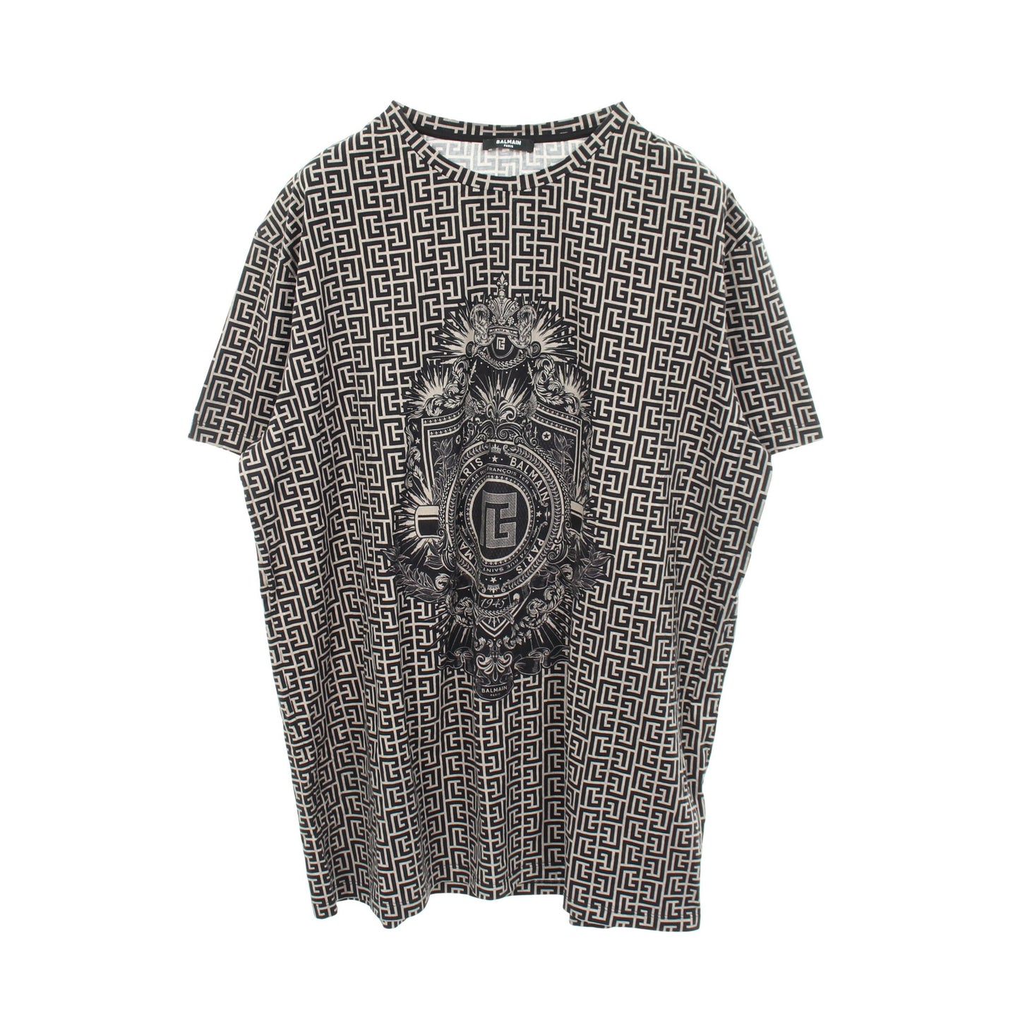 ロゴ総柄 クルーネック 半袖Tシャツ コットン グレーベージュ ブラック バルマン トップス BALMAIN
