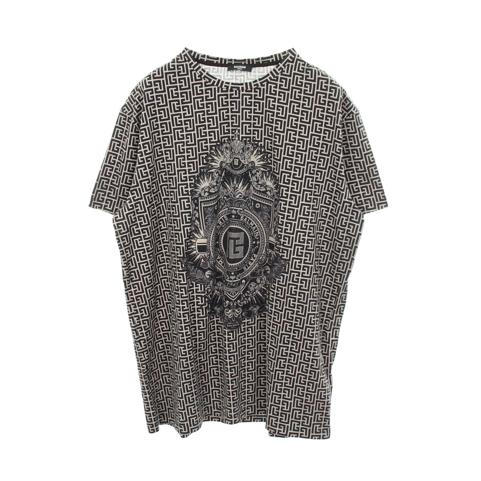 ロゴ総柄 クルーネック 半袖Tシャツ コットン グレーベージュ ブラック バルマン トップス BALMAIN