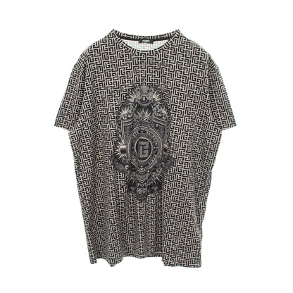 ロゴ総柄 クルーネック 半袖Tシャツ コットン グレーベージュ ブラック バルマン トップス BALMAIN
