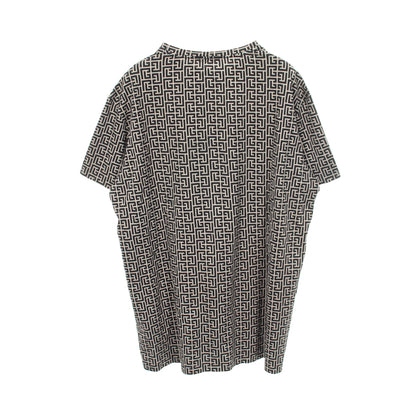 ロゴ総柄 クルーネック 半袖Tシャツ コットン グレーベージュ ブラック バルマン トップス BALMAIN
