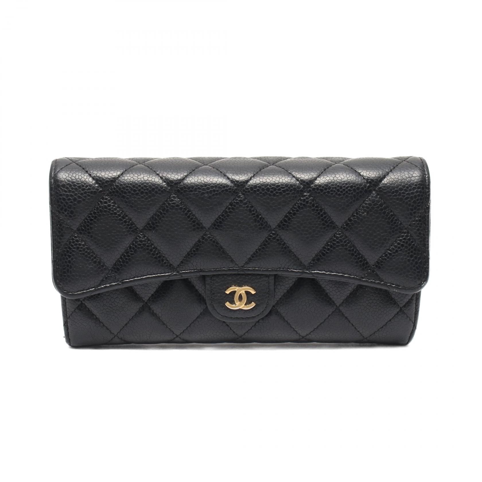 マトラッセ 二つ折り長財布 キャビアスキン ブラック ゴールド金具 シャネル 財布・小物 CHANEL